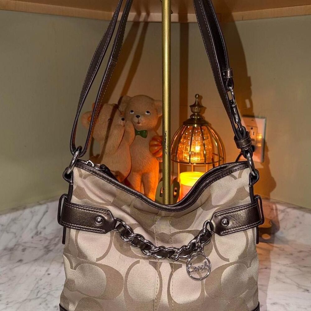 Coach F19730 Brown Signature Optic Chain Bag, Metallic Brown Leather shoulder